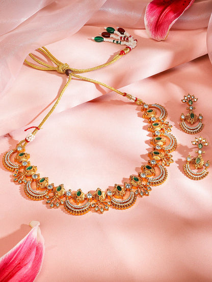 Dhiyona RJ Women's 24K Gold-Plated Emerald Green, White Cubic Zirconia & Pearl Beaded Jewellery Set