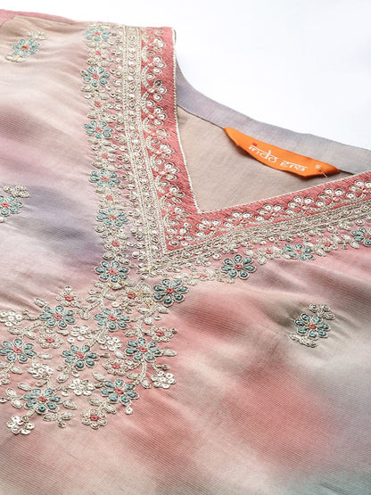 Dhiyona IE Floral Embroidered Sequinned Kurta with Trousers & With Dupatta
