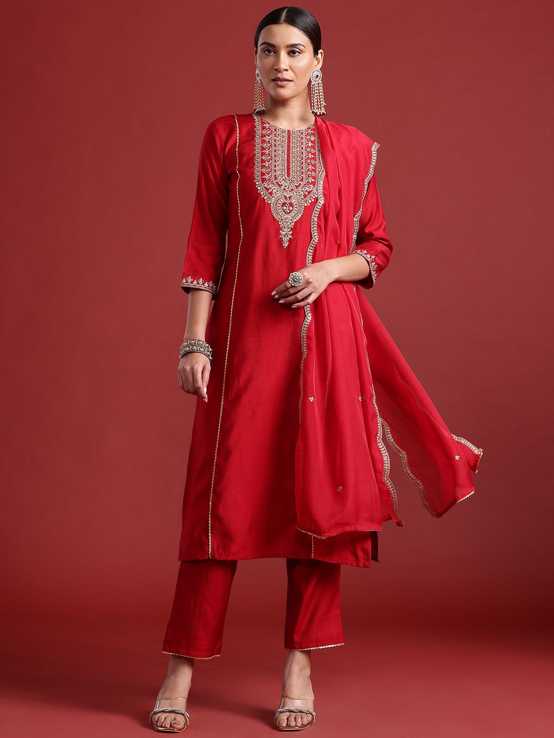 Ethnic Motifs Yoke Design Zari Panelled Liva Kurta With Trousers & Dupatta