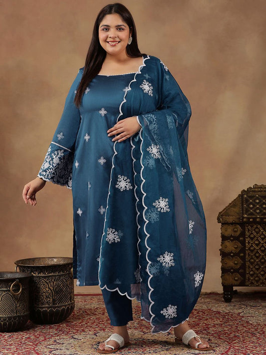 Dhiyona IN Floral Embroidered Regular Gotta Patti Straight Kurta With Trousers & Dupatta