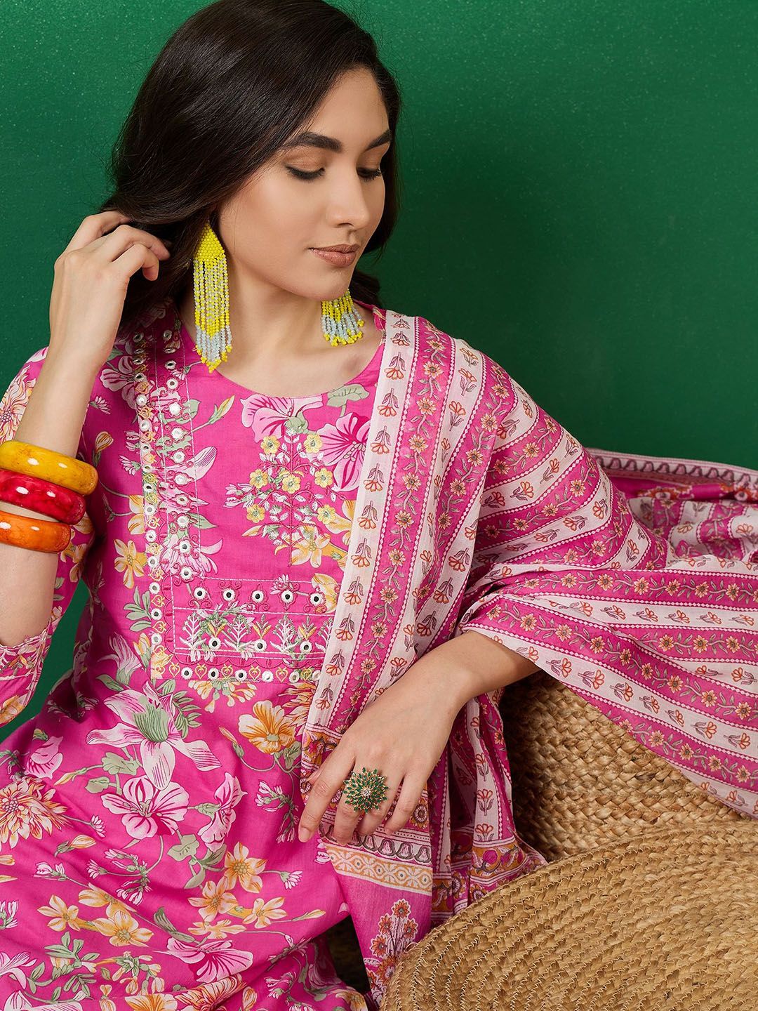 Dhiyona SN Women's Printed Pure Cotton Straight Kurta With Trousers & Dupatta