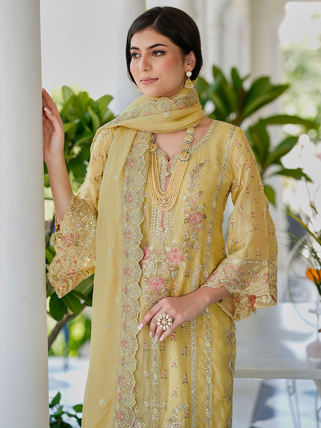 Ethnic Motifs Embroidered Sweetheart Neck Straight Kurta With Trousers & Dupatta
