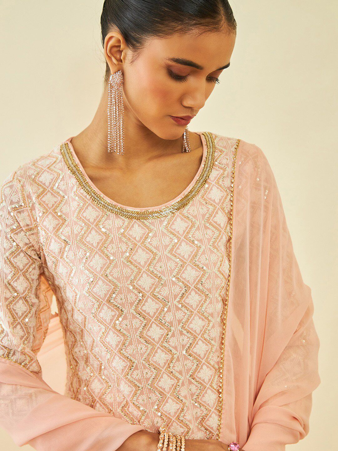 Dhiyona SO Women's Ethnic Motifs Embroidered Sequinned Kurta With Sharara & Dupatta