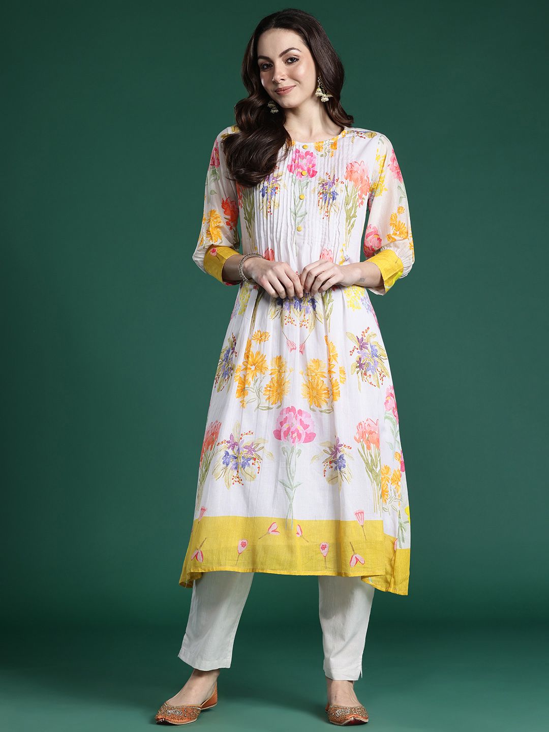 Floral Printed Pleated Pure Cotton A-Line Kurta with Trousers