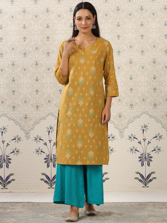 Dhiyona OD  Mustard Yellow & Teal Printed Pure Cotton Kurta with Palazzos