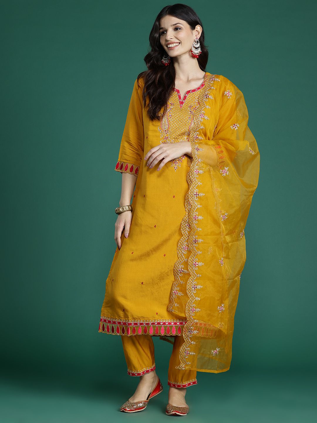 Dhiyona IE Women Ethnic Motifs Embroidered Gotta Patti Kurta with Trousers & Dupatta