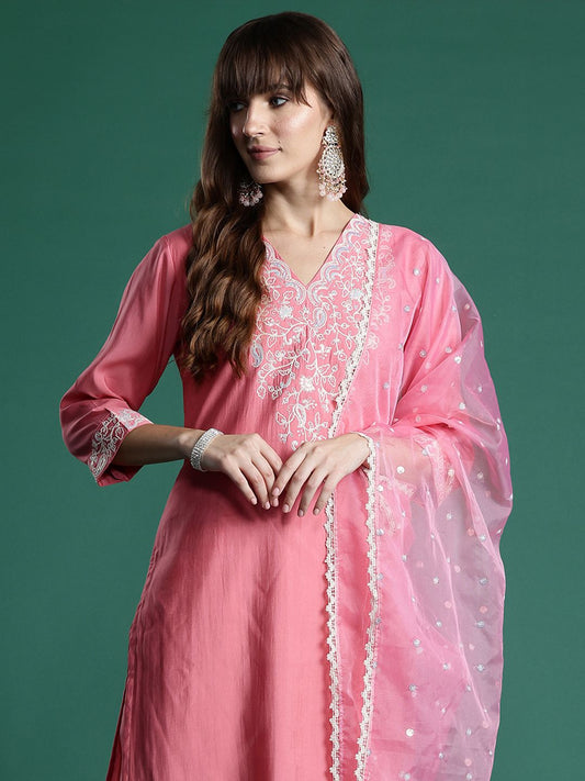 Dhiyona IE Floral Embroidered Sequinned Liva Kurta With Trousers & Dupatta