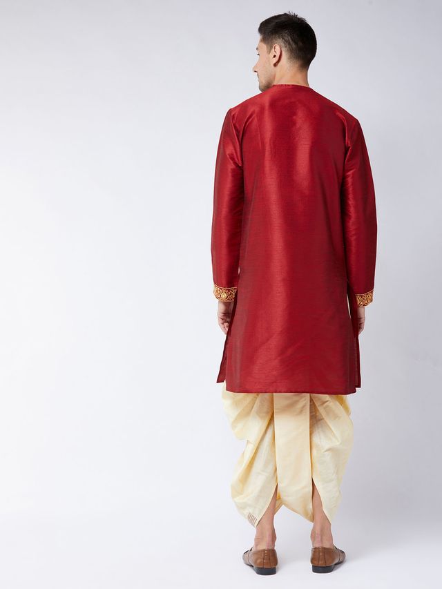 Men's Maroon Silk Blend Angrakha Kurta and Dhoti Set