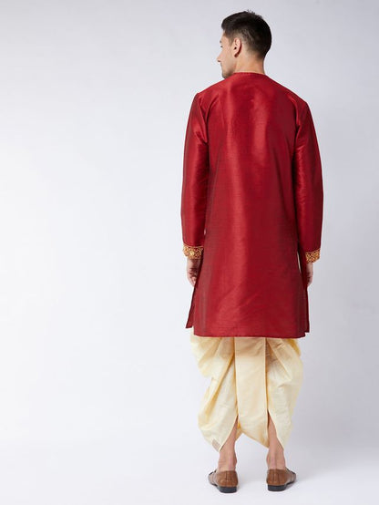 Men's Maroon Silk Blend Angrakha Kurta and Dhoti Set