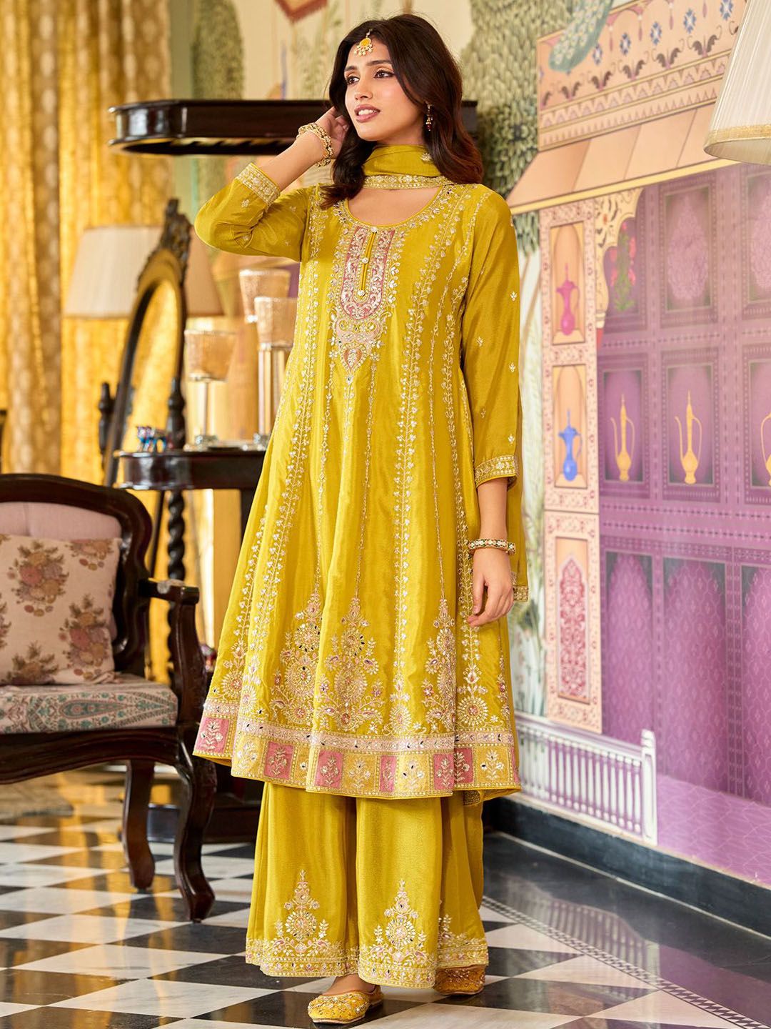 Dhiyona IE Floral Embroidered Mirror Work Round Neck Anarkali Kurta With Palazzos & Dupatta