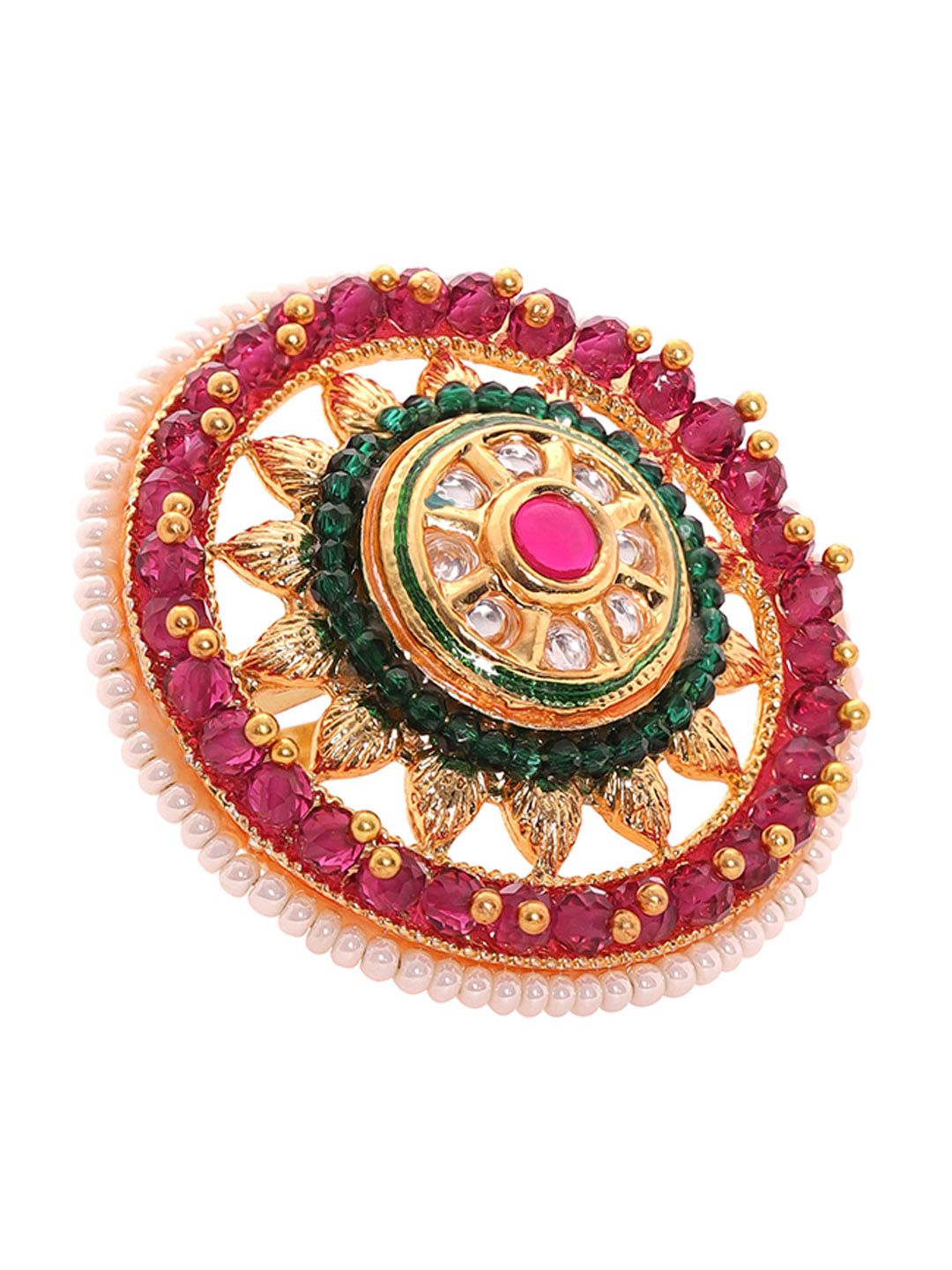 Dhiyona RJ Women's 18K Gold-Plated Ruby Red Kundan-Studded & White Pearl Beaded Handcrafted Ring