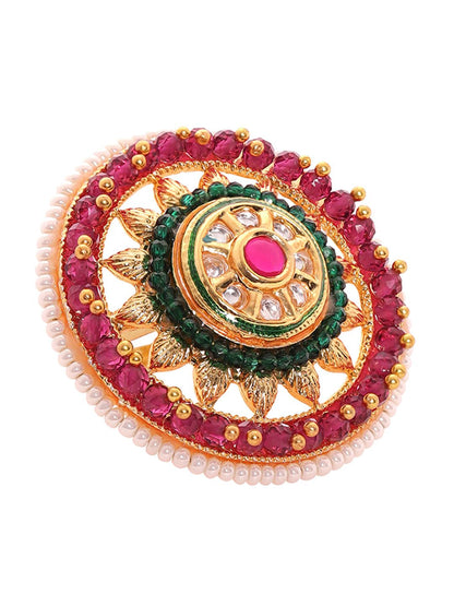 Dhiyona RJ Women's 18K Gold-Plated Ruby Red Kundan-Studded & White Pearl Beaded Handcrafted Ring