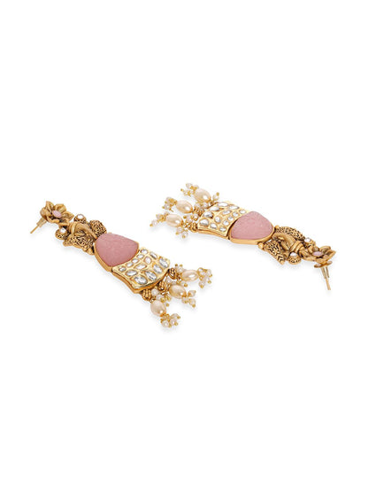 Dhiyona RJ Women's 18K Gold-Plated Pastel Pink Gemstone & Kundan Studded Ganesh Motif Drop Earrings