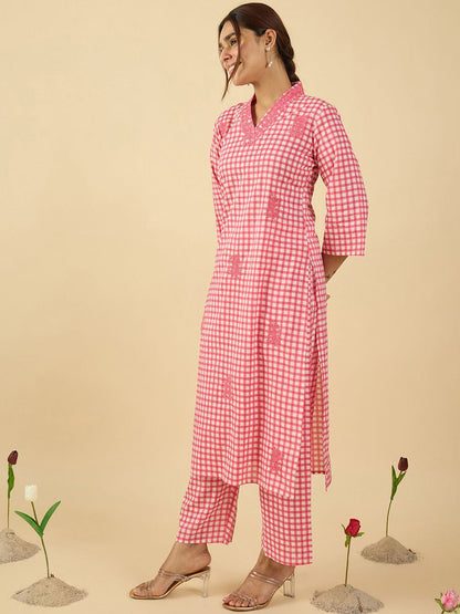 Checked V Neck Thread Work Pure Cotton Straight Kurta With Trousers