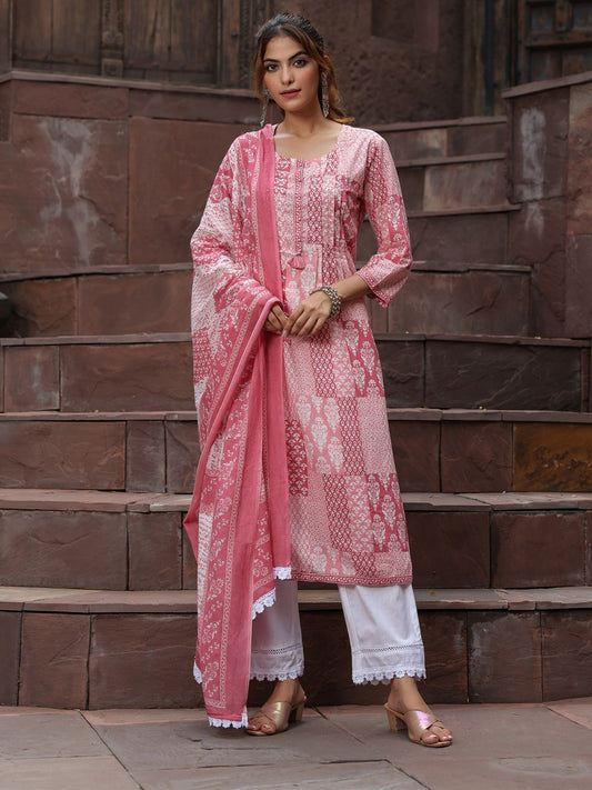 Dhiyona RR Women's Peach-Coloured Ethnic Motifs Printed Sequinned Pure Cotton Kurta with Trousers & With