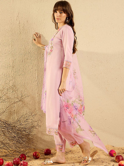 Lavender Floral Embroidered V-Neck Straight Kurta with Trousers & Dupatta