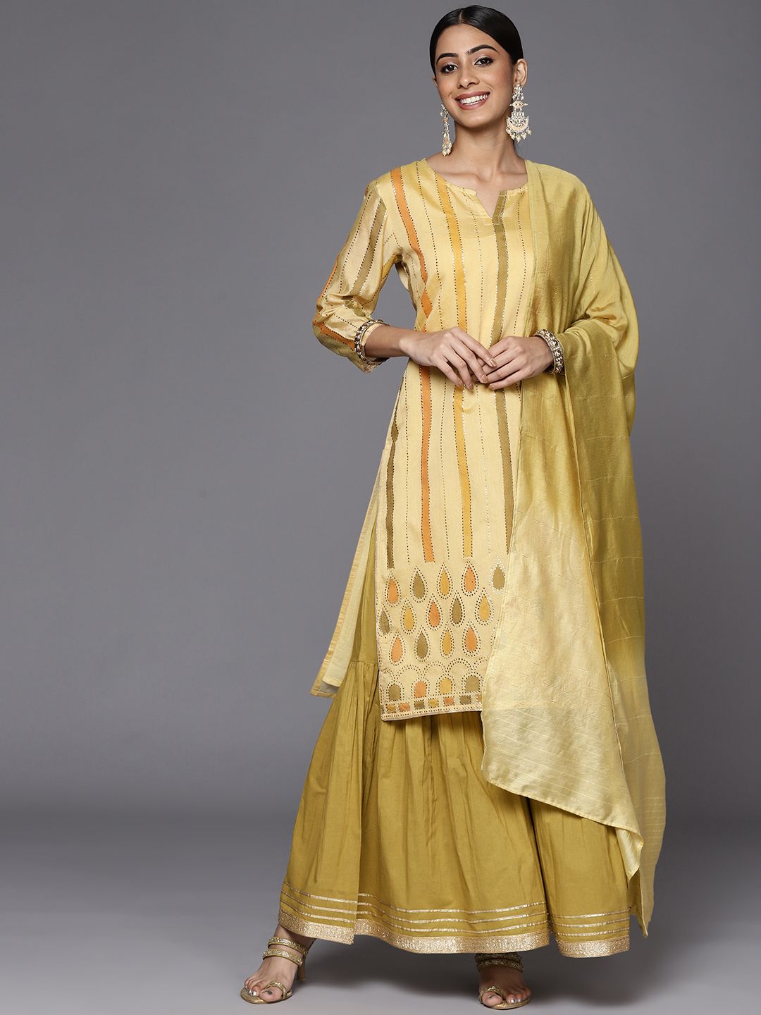 Dhiyona VA Women's Yellow Striped Mukaish Kurta with Sharara & With Dupatta