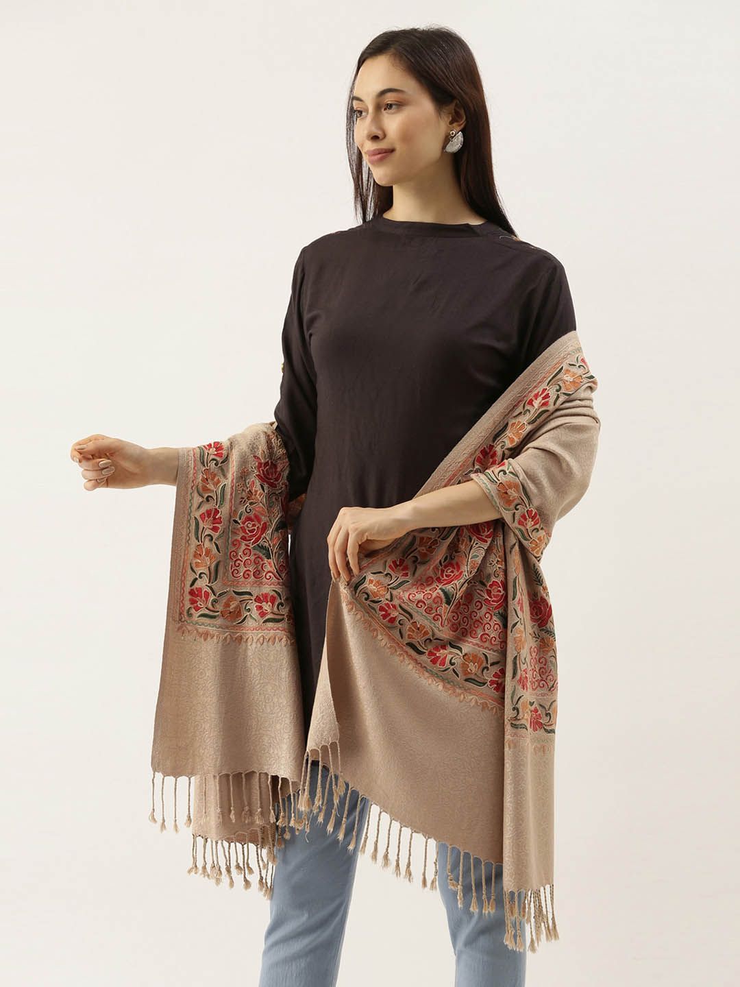 Dhiyona PA Women Beige & Multicolored Embroidered Shawl