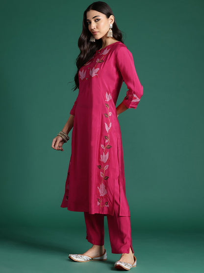 Floral Embroidered Thread Work Pure Cotton Kurta with Trousers