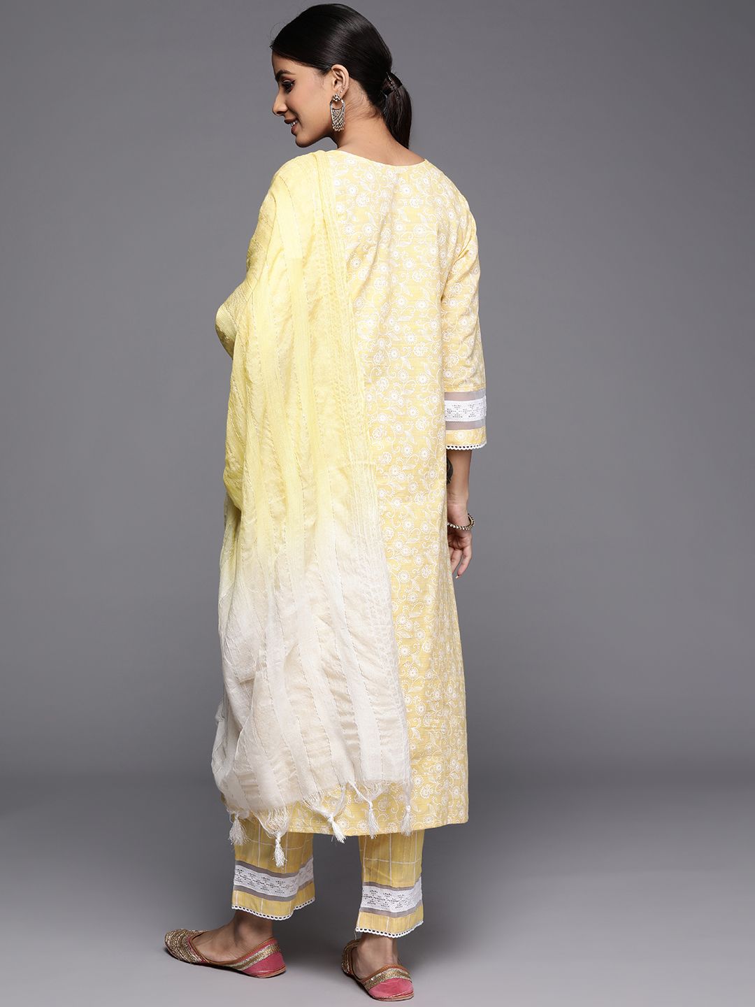 Women Yellow Embroidered Thread Work Kurta with Trousers & Dupatta