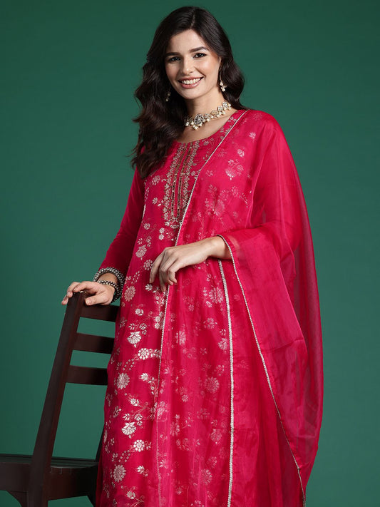 Dhiyona IE Women Floral Embroidered Kurta With Trousers & Dupatta