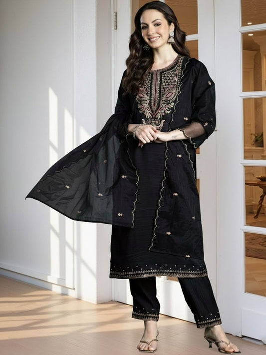 Women Ethnic Motifs Embroidered Regular Thread Work Pure Cotton Kurta with Trousers & With Dupatta
