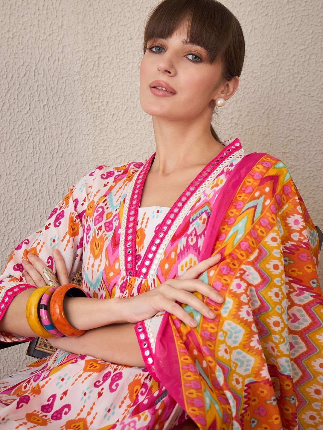 Dhiyona IE Women Printed Panelled Mirror Work Pure Cotton Kurta with Trousers & With Dupatta