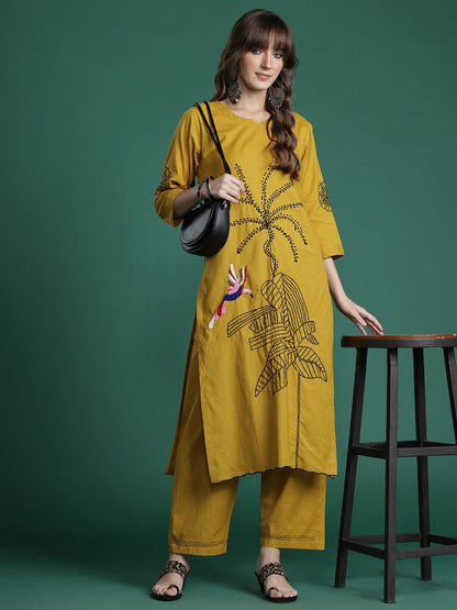 Dhiyona IE Floral Embroidered Pure Cotton Kurta with Trousers & Dupatta