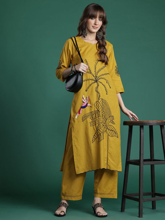 Dhiyona IE Floral Embroidered Pure Cotton Kurta with Trousers & Dupatta