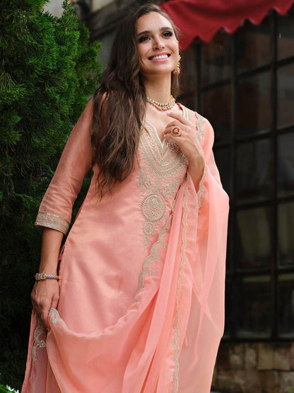 Dhiyona IE Floral Yoke Design Notch Neck Straight Kurta With Trousers & Dupatta