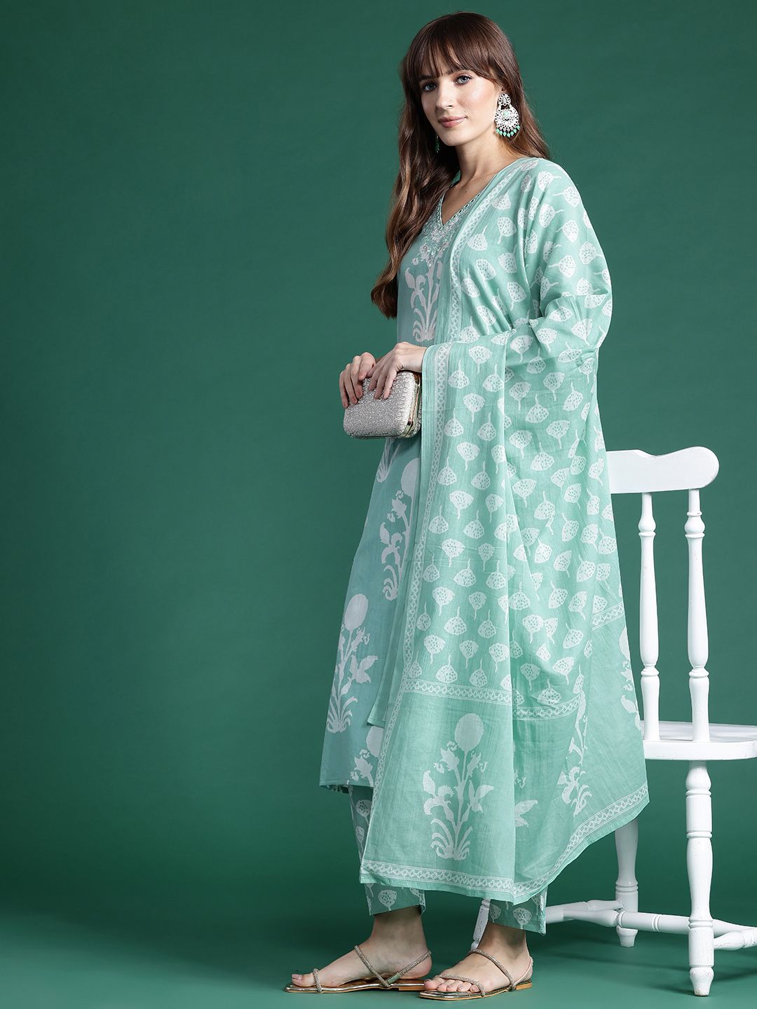Dhiyona IE Floral Printed Mirror Work Pure Cotton Kurta With Trousers & Dupatta
