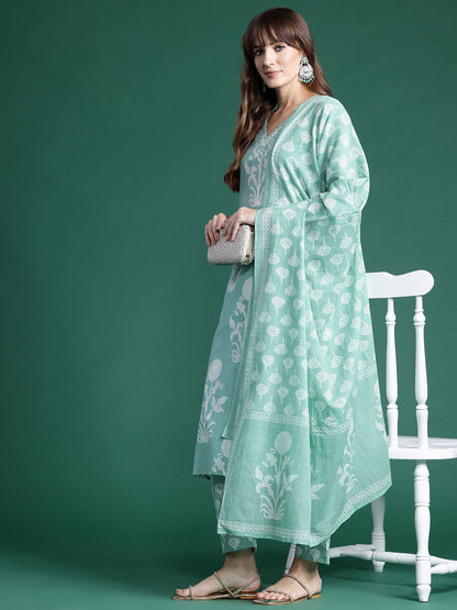 Dhiyona IE Floral Printed Mirror Work Pure Cotton Kurta With Trousers & Dupatta