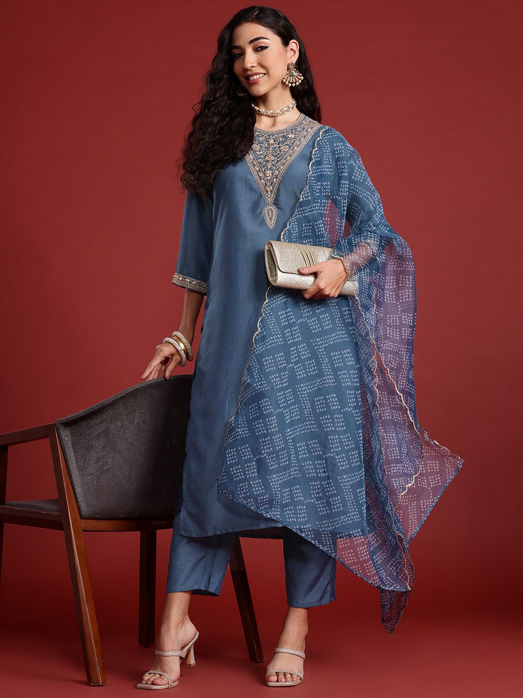 Bandhani Yoke Design Gotta Patti Kurta With Trousers & Dupatta
