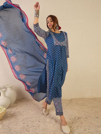 Women Ethnic Motifs Printed Regular Pure Cotton Kurta Set With Dupatta
