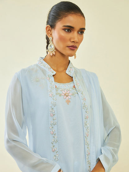 Dhiyona SO Women's Ethnic Motifs Embroidered Round Neck A-Line Kurta With Churidar & Dupatta & Jacket