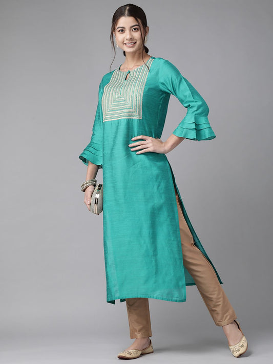 Dhiyona IE Women Sea Green Yoke Design Keyhole Neck Flared Sleeves Chanderi Silk Chanderi Silk Kurta