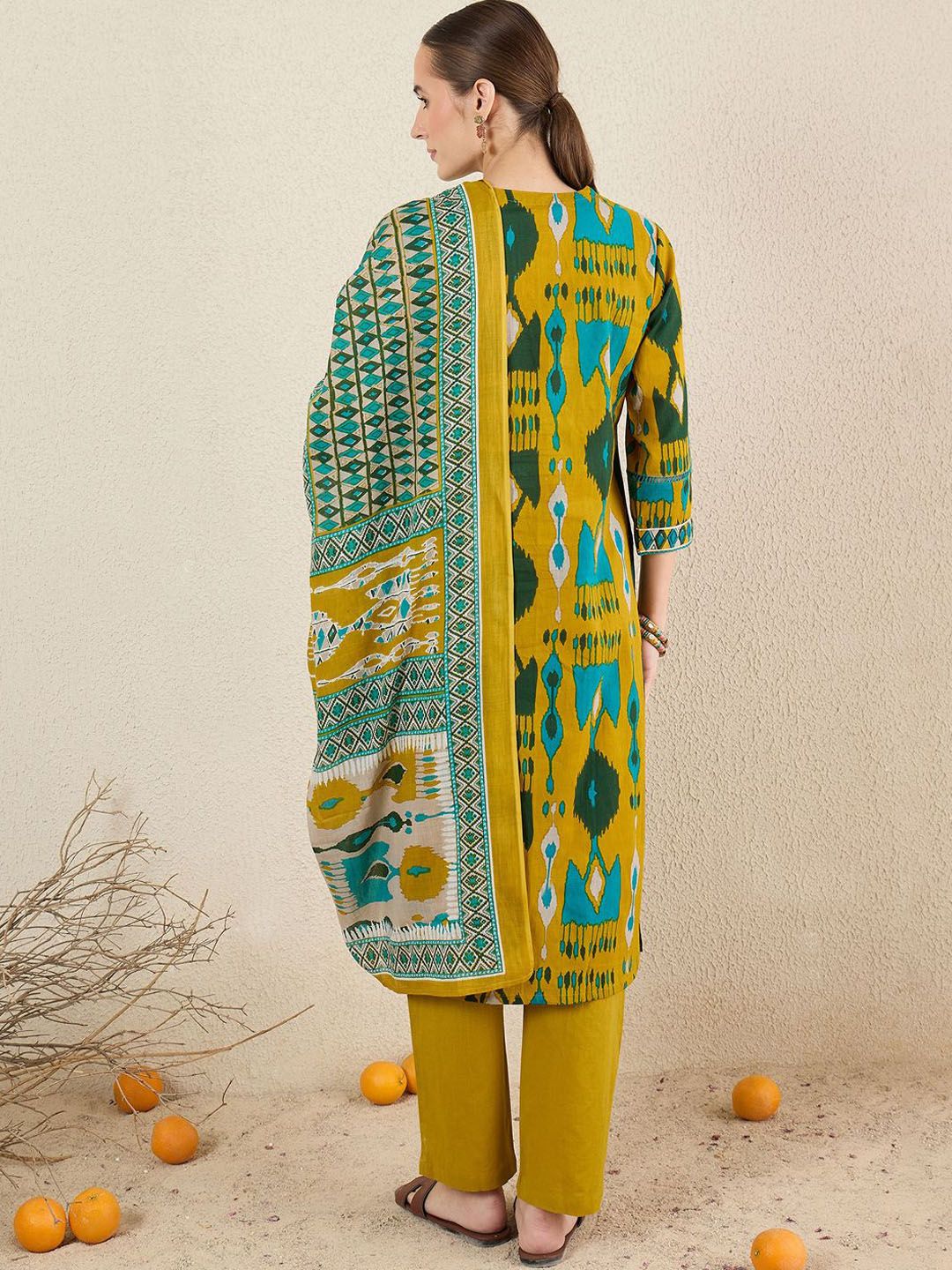 Dhiyona IE Women Abstract Printed Cotton Kurta with Trousers & Dupatta