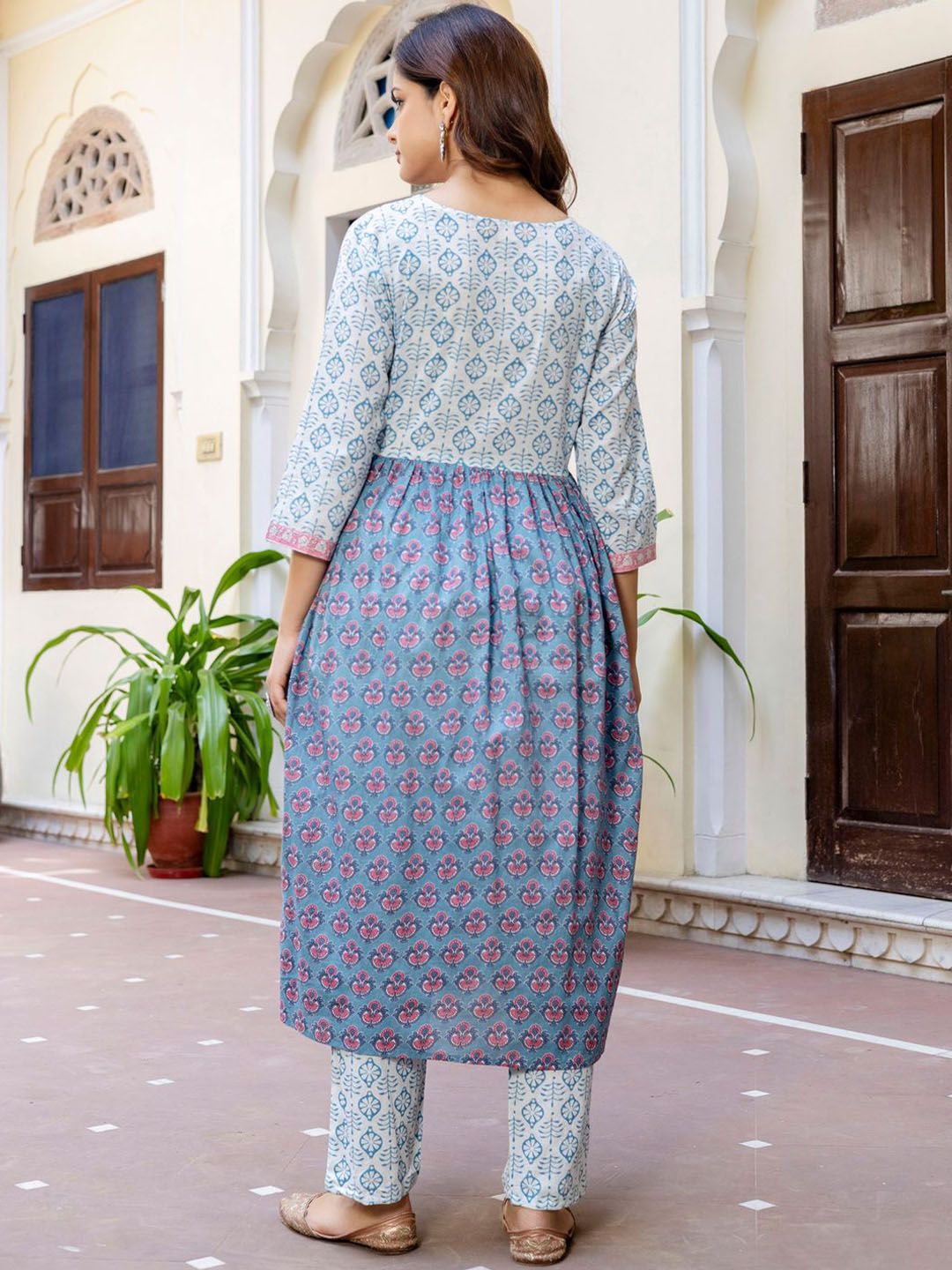 Floral Printed Empire Pure Cotton A-Line Kurta With Trousers & Dupatta