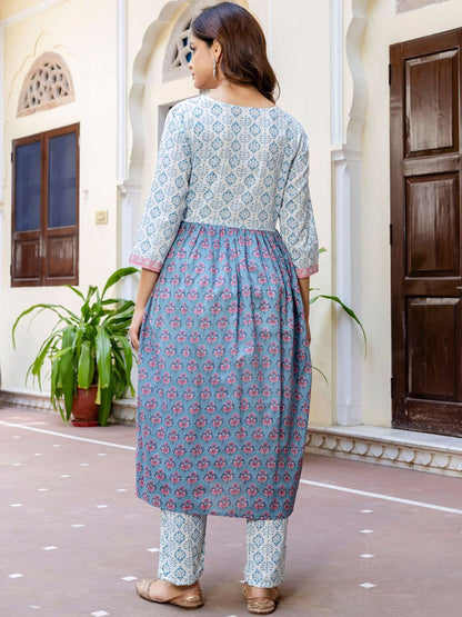Floral Printed Empire Pure Cotton A-Line Kurta With Trousers & Dupatta
