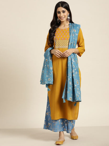 Dhiyona SN Women's Mustard YellowYoke Design Mirror Work Cotton Kurta with Palazzos & Dupatta