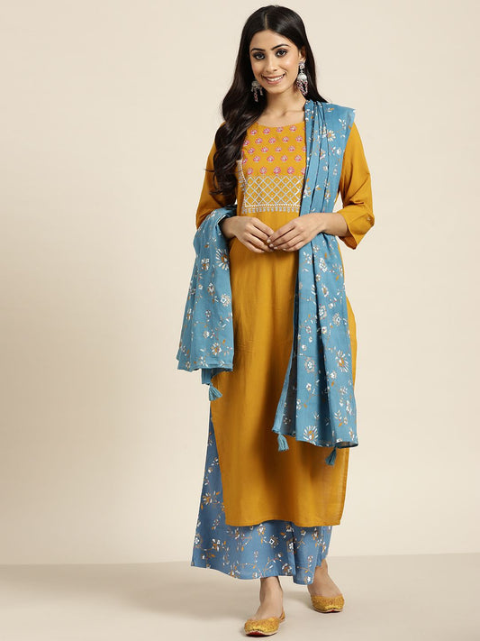 Dhiyona SN Women's Mustard YellowYoke Design Mirror Work Cotton Kurta with Palazzos & Dupatta