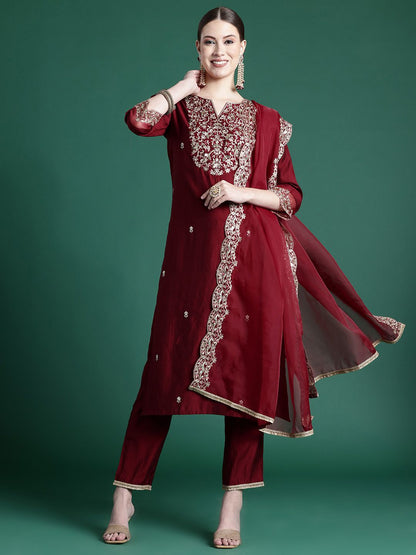 Dhiyona IE Women Floral Embroidered Regular Sequinned Liva Kurta with Trousers & With Dupatta