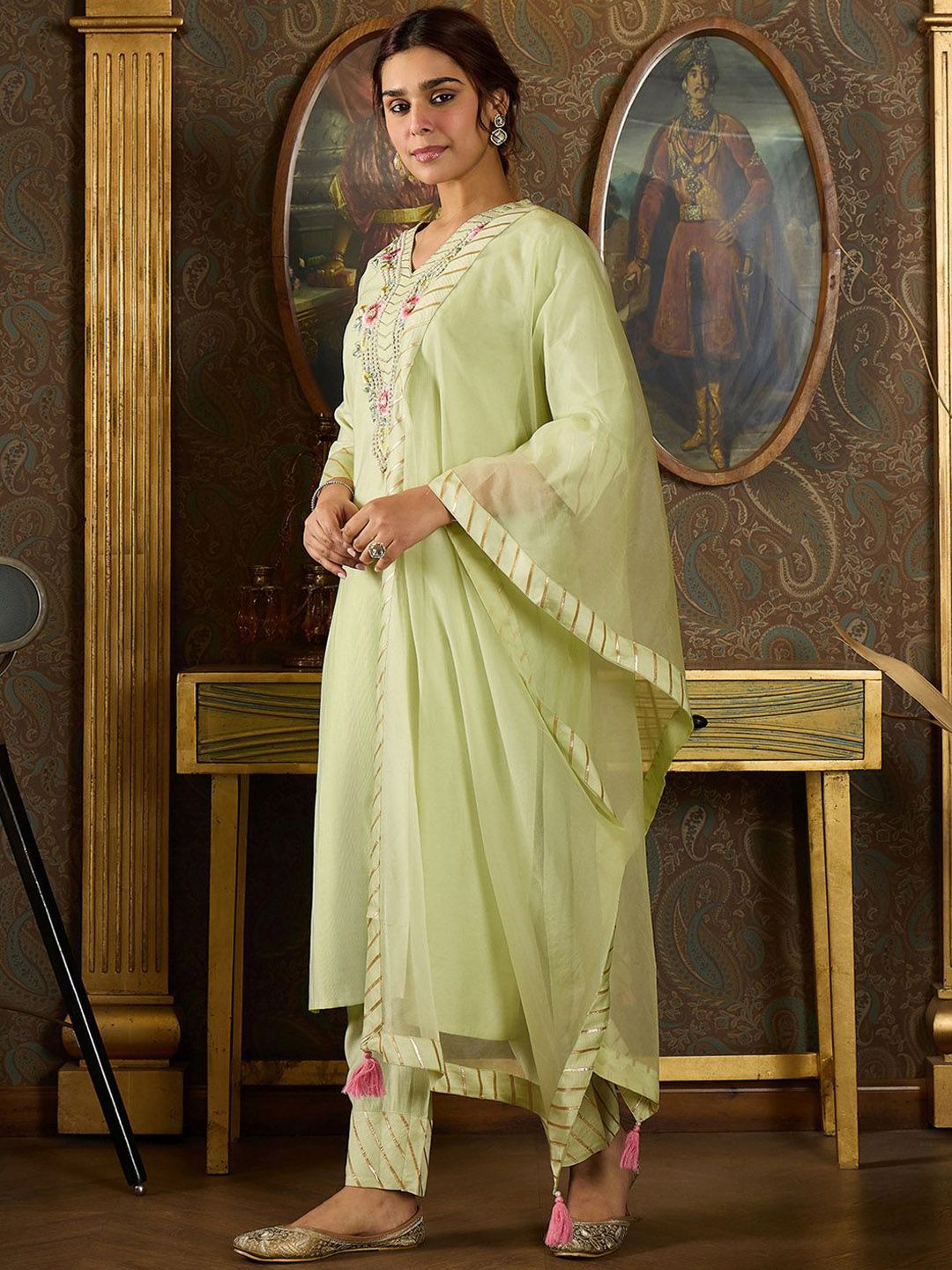 Dhiyona IE Floral Embroidered Stones & Beads Work Kurta With Trousers & Dupatta