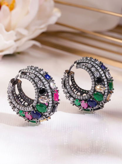 Dhiyona RJ Women's Black-Toned Multicolour Gemstone & Cubic Zirconia Studded Statement Hoop Earrings