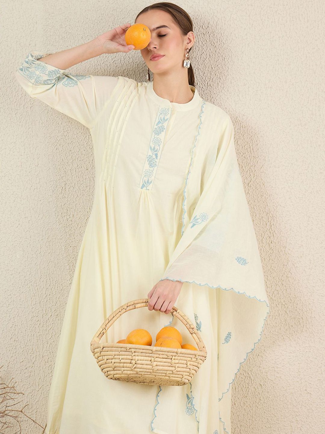 Dhiyona IE Women Solid Embroidered Cotton Kurta with Trousers & Dupatta