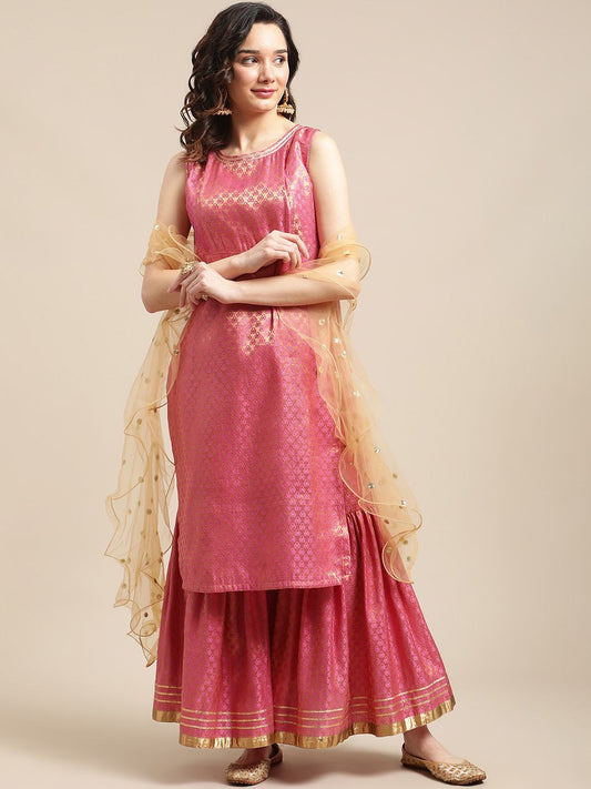 Dhiyona VA Women'sPink & Gold-Colored Brocade Sleeveless Kurta Sharara With Sequins Ruffle Dupatta