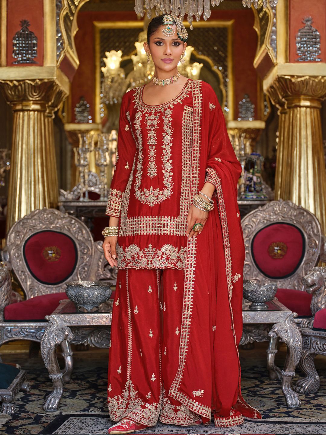 Ethnic Motifs Embroidered Kurta with Palazzos & Dupatta