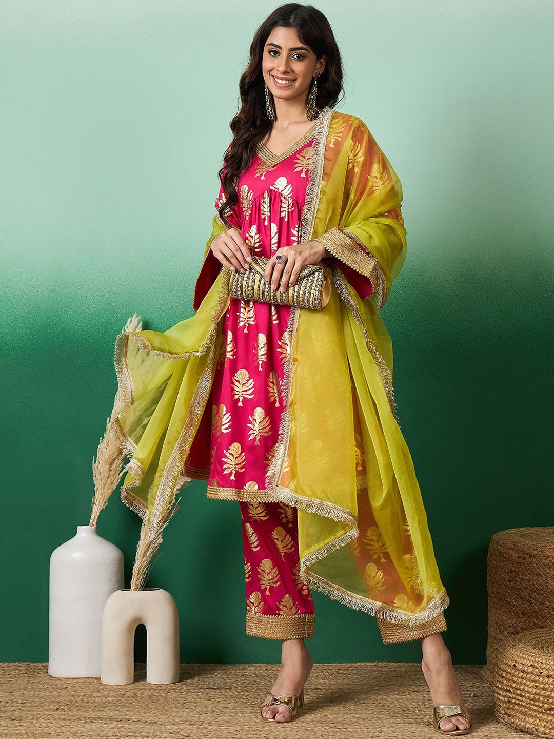 Dhiyona SN Women's Floral Printed Flared Sleeves A-Line Kurta With Trousers & Organza Dupatta