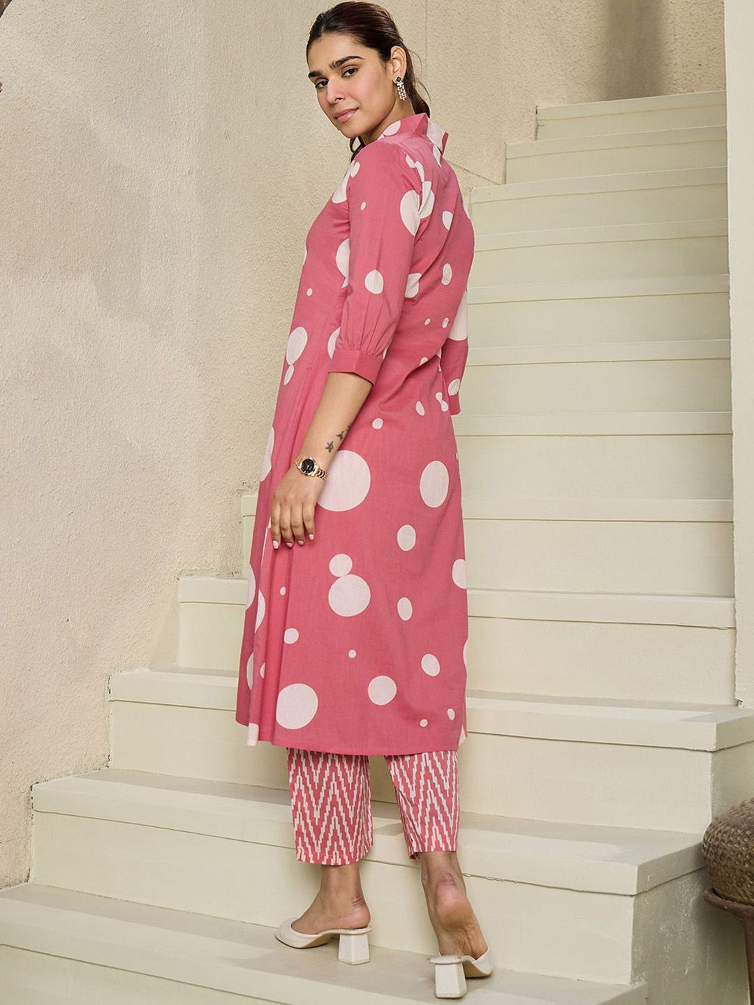 Geometric Printed V-Neck Pure Cotton A-line Kurta With Trousers