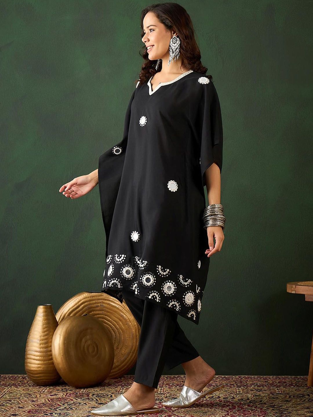 Dhiyona IS Women's Women Ethnic Motifs Embroidered Kaftan Kurta with Trouser